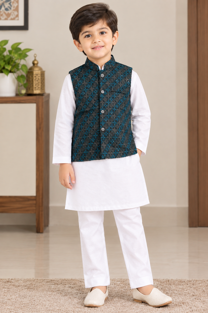 KPK7044 Teal & Black Sequence Nehru Jacket with White Kurta Pyjama for Boys