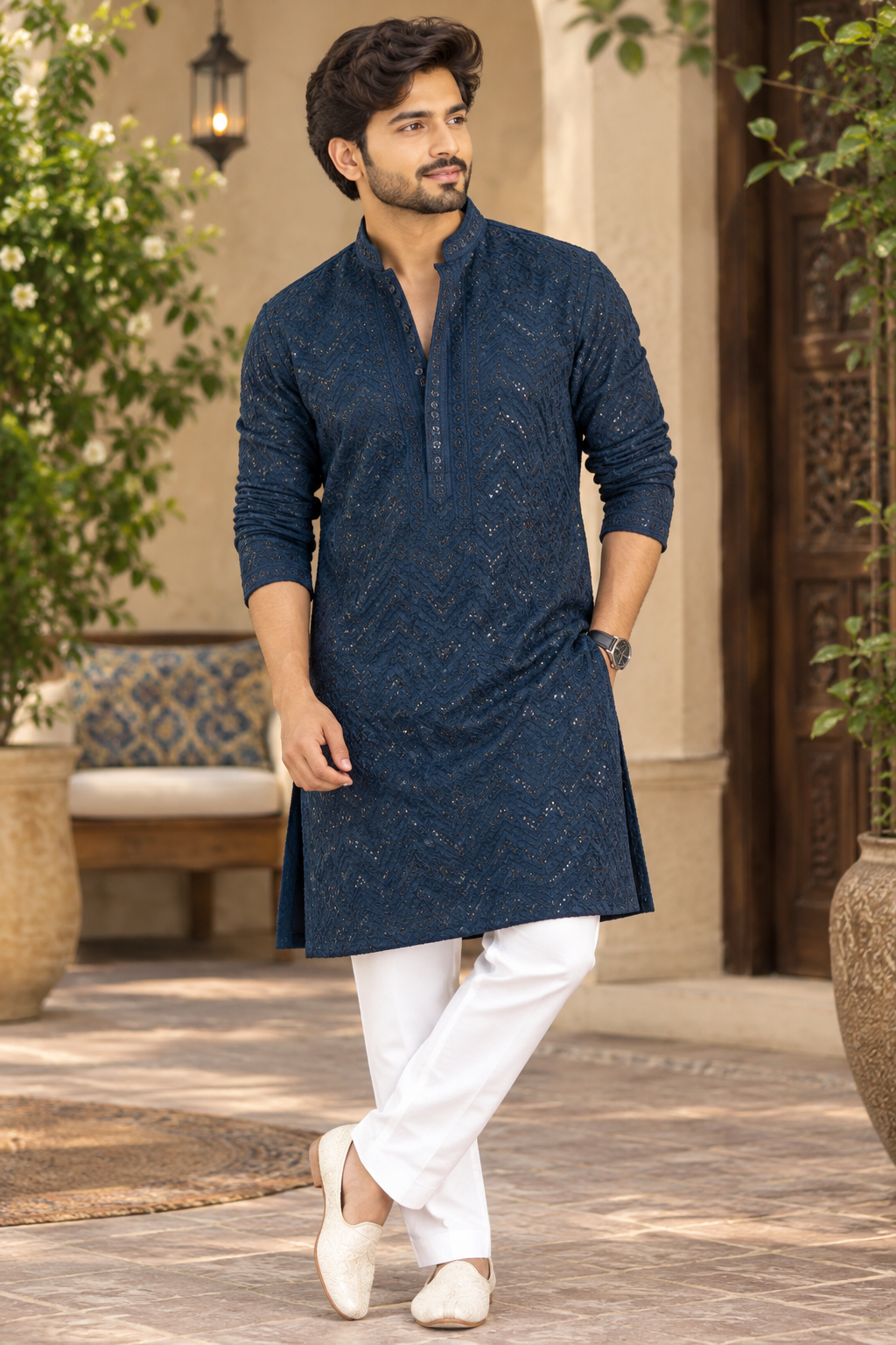 KPD6002 Dark Blue Heavy Thread & Sequin Work Rayon Kurta with Lining & White Pant Set