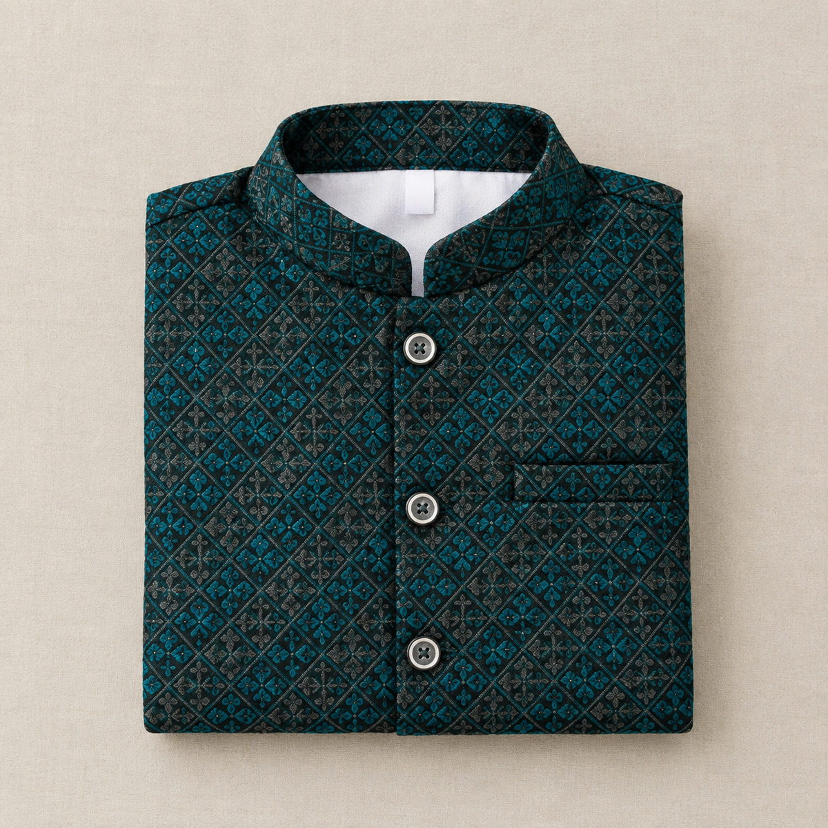 KPK7044 Teal & Black Sequence Nehru Jacket with White Kurta Pyjama for Boys