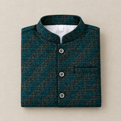 KPK7044 Teal & Black Sequence Nehru Jacket with White Kurta Pyjama for Boys