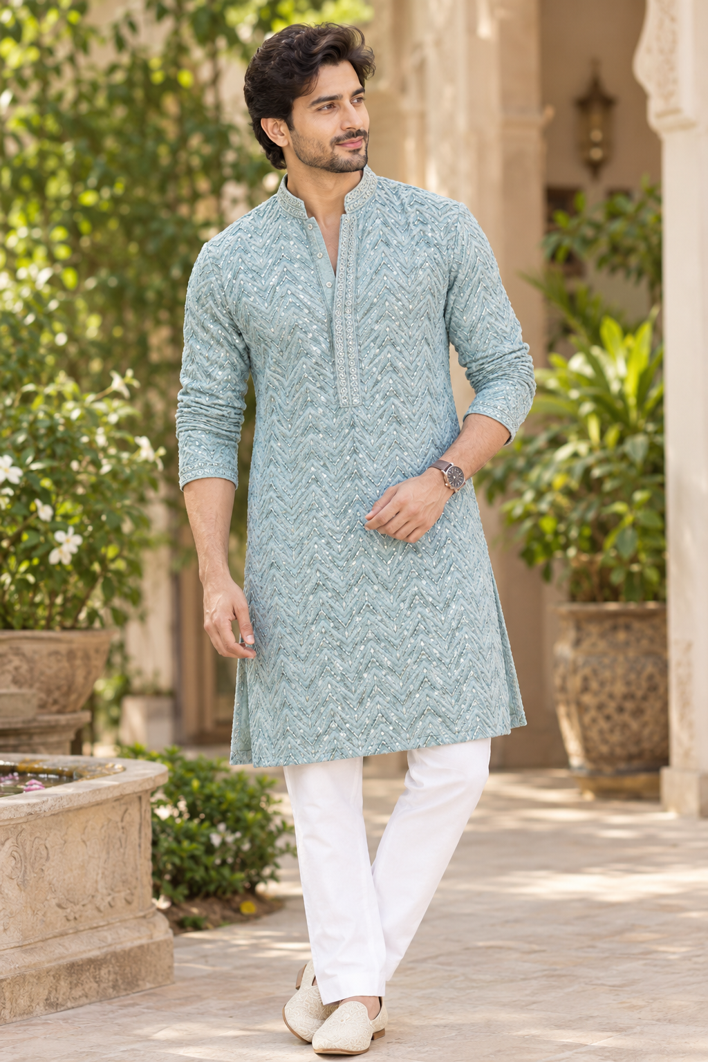 KPD6004 Ice Blue Heavy Thread & Sequin Work Rayon Kurta with Lining & White Pant Set