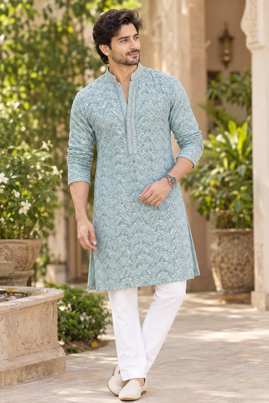 KPD6004 Ice Blue Heavy Thread & Sequin Work Rayon Kurta with Lining & White Pant Set