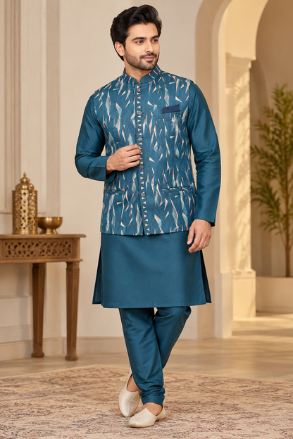 KPD7168 Teal Blue Prism Jacket with Matching Kurta Pyjama Set