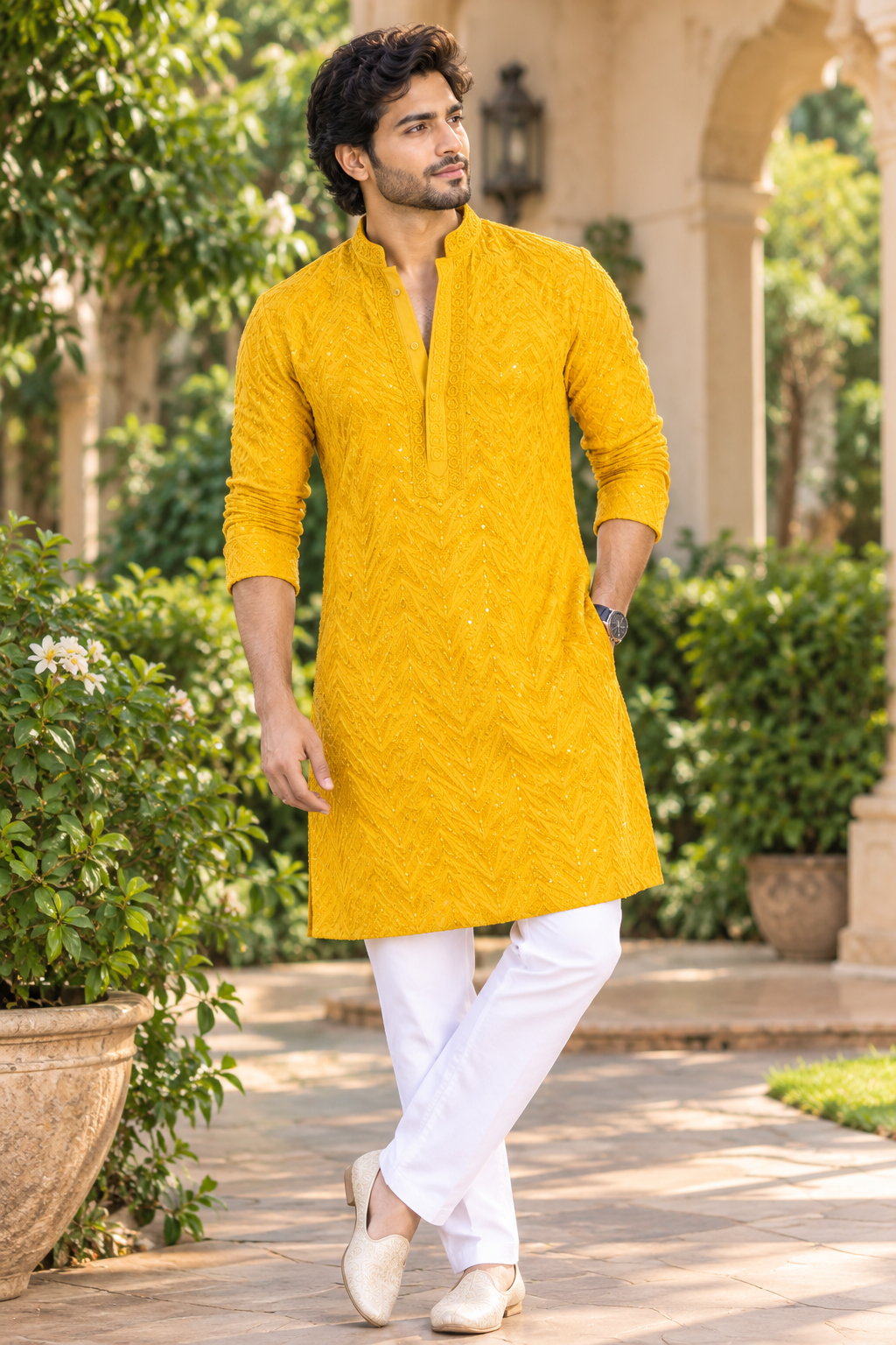 KPD6005 Yellow Heavy Thread & Sequin Work Rayon Kurta with Lining & White Pant Set