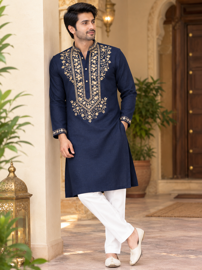 KPD6008 Midnight Blue & Gold Floral Embroidered Kurta with White Pyjama Set