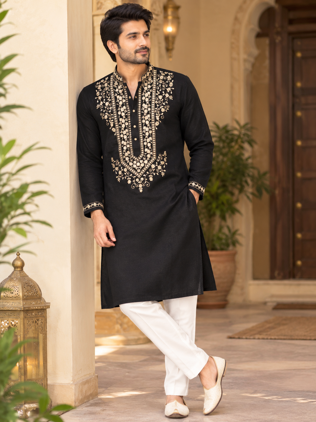 KPD6007 Black & Gold Floral Embroidered Kurta with White Pyjama Set