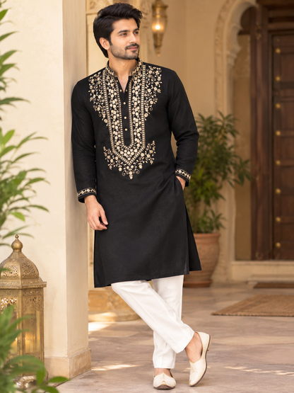 KPD6007 Black & Gold Floral Embroidered Kurta with White Pyjama Set