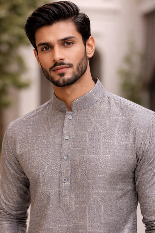 KPD6203 Heavy Short Length Grey Sequin Work Kurta Pyjama Set