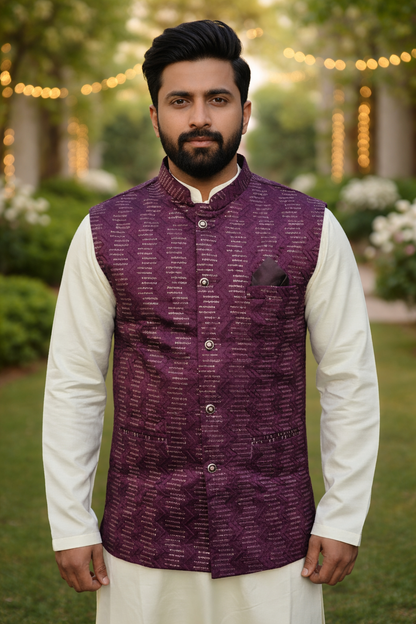 KPD6209 White Kurta Pyjama and Deep Wine Nehru Jacket Set
