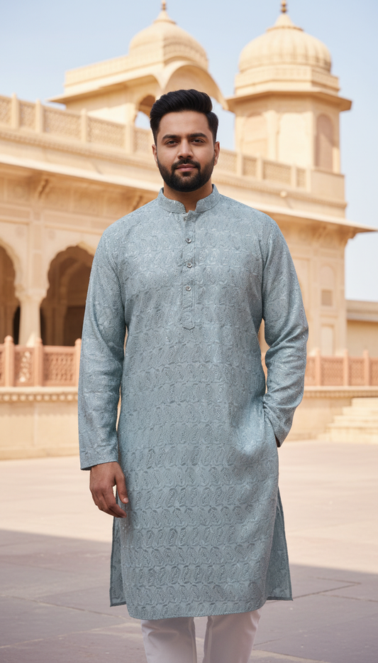 Man wearing a light grey kurta with white pants in front of a traditional building.