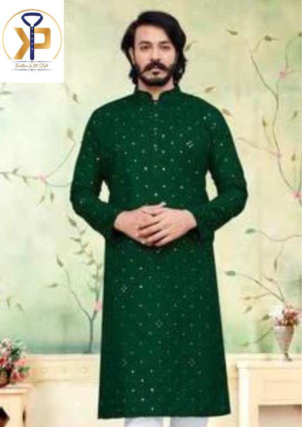 KPD1051 Dark Green Mirror Kurta With White Pyjama Set