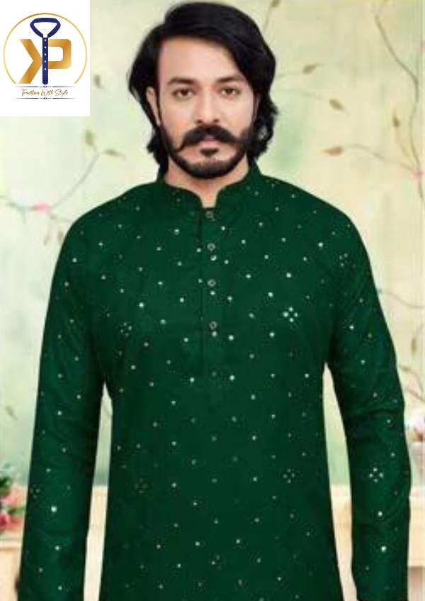 KPD1051 Dark Green Mirror Kurta With White Pyjama Set