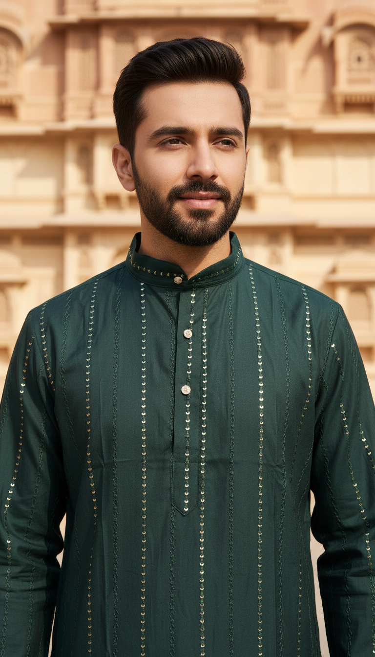 Man wearing a green kurta with intricate patterns against an architectural background