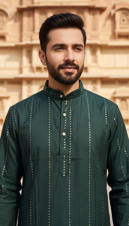 Man wearing a green kurta with intricate patterns against an architectural background