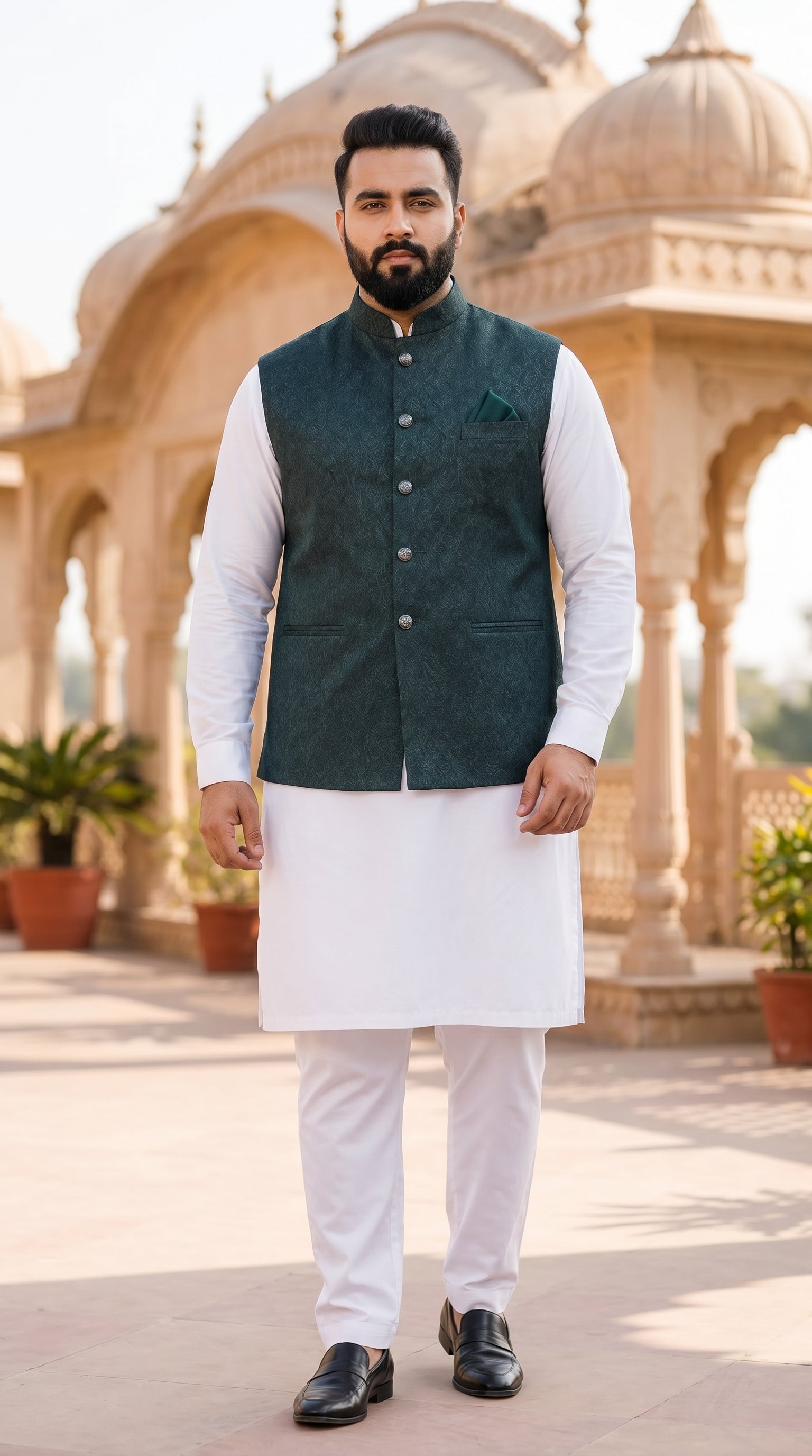Plus size model wearing Green Jacquard Nehru Jacket & White Kurta Pyjama