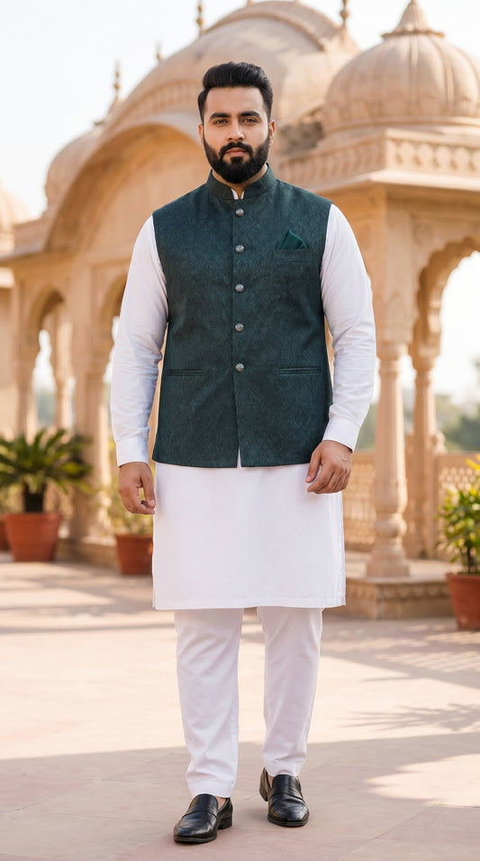 Plus size model wearing Green Jacquard Nehru Jacket & White Kurta Pyjama