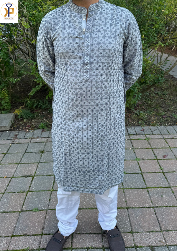 grey chikankari kurta pyjama set for men