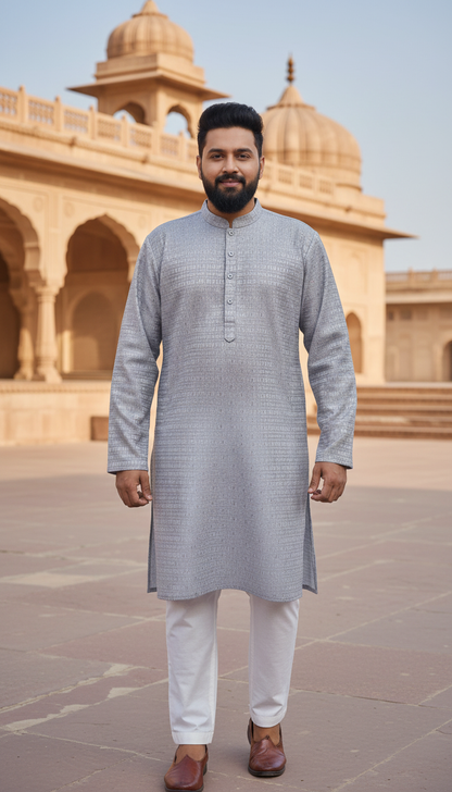 KPD6165 Grey Jacquard Weave Kurta Pyjama Set with Metallic Shine