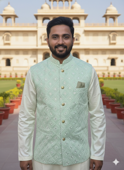 KPD5286 Plus Size Heavy Mint Green Nehru Jacket