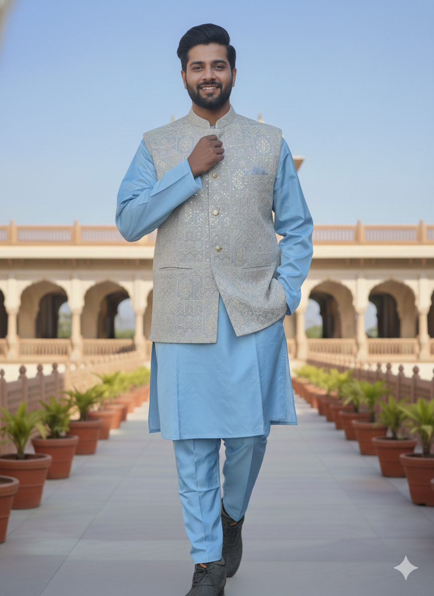 KPD5287 Plus Size Heavy Work Grey Nehru Jacket