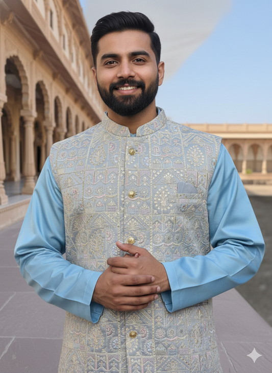 KPD6191 Light Blue Kurta Pyjama and Heavy Work Grey Nehru Jacket Set