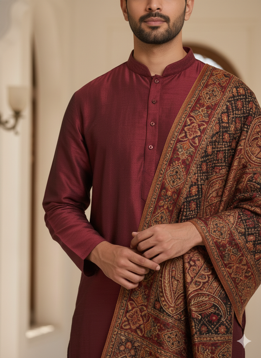 Man wearing a maroon kurta with a patterned shawl over his shoulder indoors.