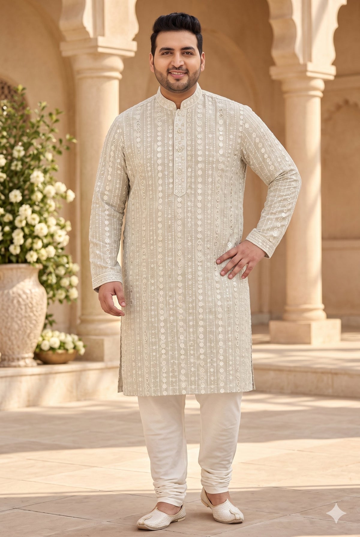 KPD4133 Plus Size Sage grey sequins work kurta with White Pyjama