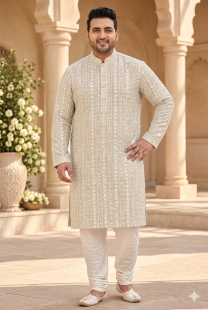 KPD4133 Plus Size Sage grey sequins work kurta with White Pyjama