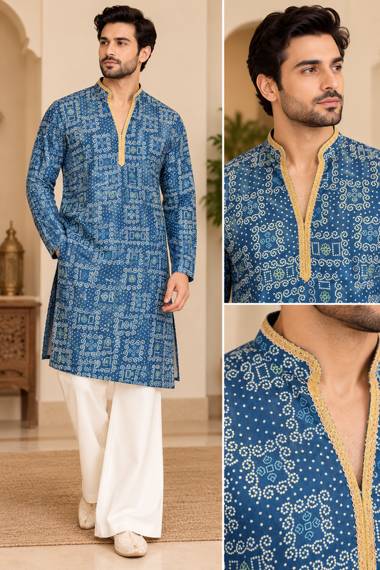 KPD6044 Indigo Blue Bandhani Print Kurta with White Bell Bottom Pant Set