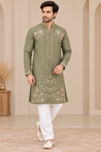 KPD6050 Sage Green Heavy Leaf Embroidered Kurta with White Pyjama Set