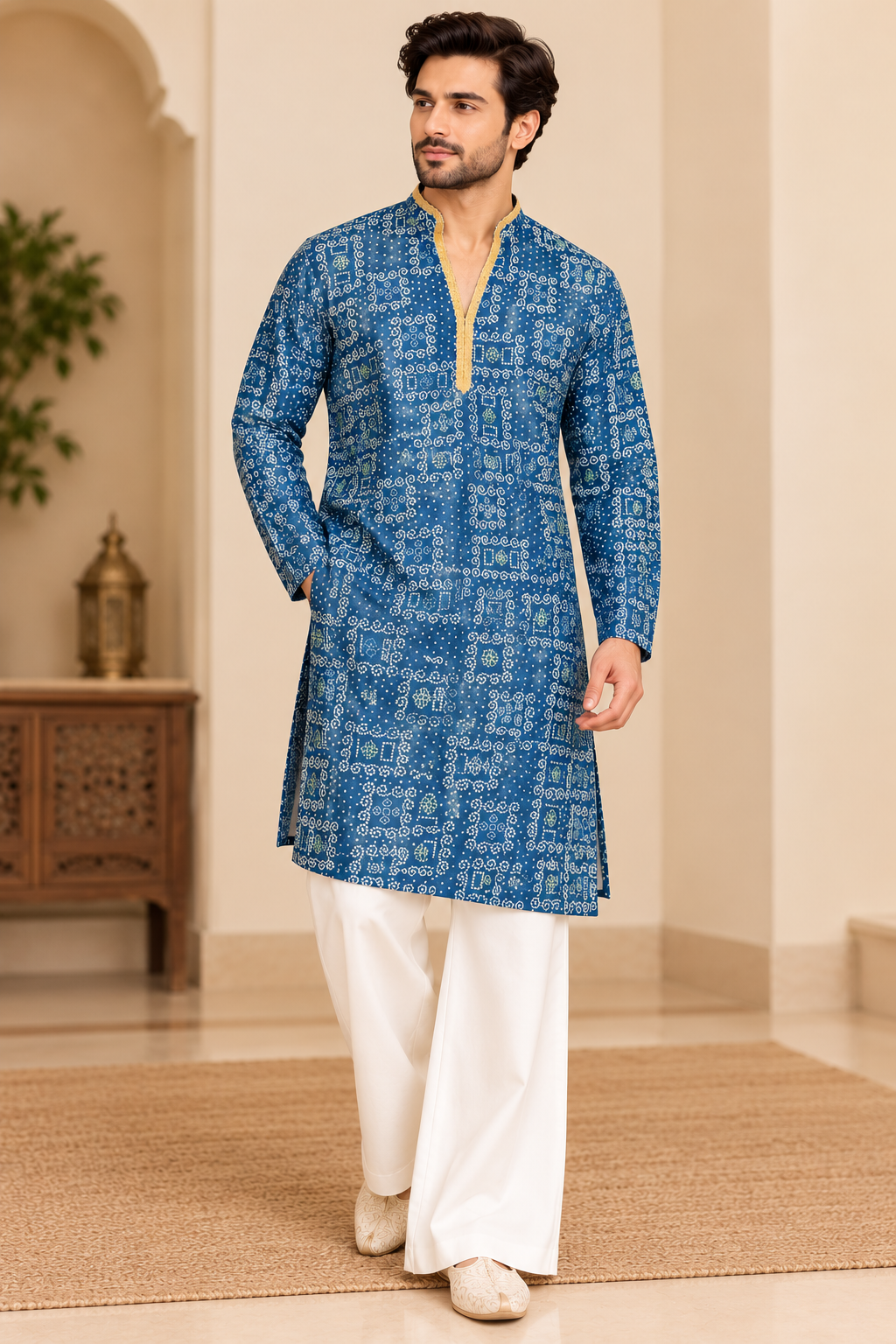 KPD6044 Indigo Blue Bandhani Print Kurta with White Bell Bottom Pant Set