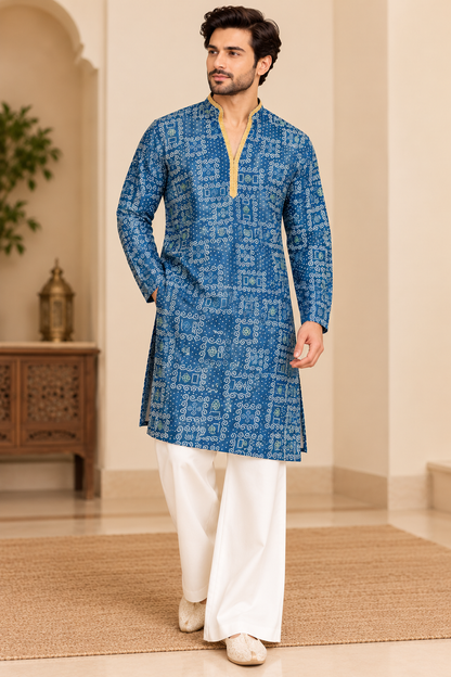 KPD6044 Indigo Blue Bandhani Print Kurta with White Bell Bottom Pant Set