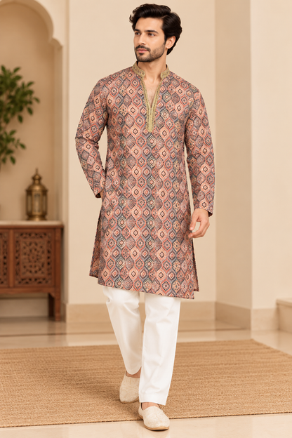 KPD6050 Rust Terracotta Ikat Printed Kurta with Zari Neckline & White Pyjama Set