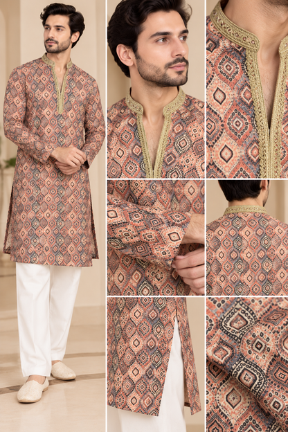 KPD6050 Rust Terracotta Ikat Printed Kurta with Zari Neckline & White Pyjama Set
