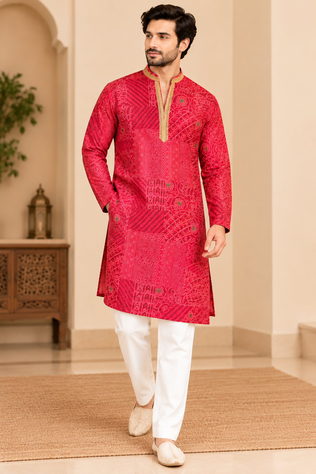 KPD6048 Rani Pink Bandhani Kurta with White Pyjama Set