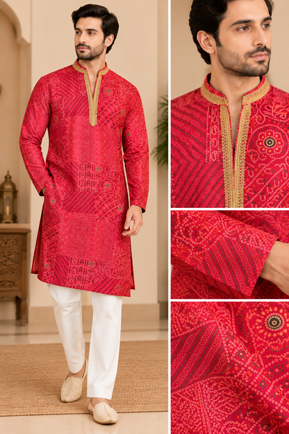KPD6048 Rani Pink Bandhani Kurta with White Pyjama Set