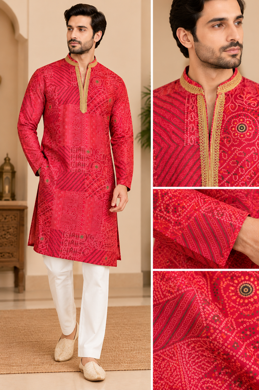 KPD6048 Rani Pink Bandhani Kurta with White Pyjama Set