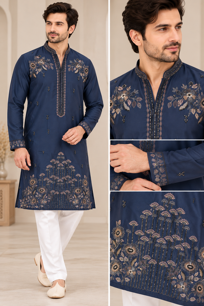 KPD6049 Midnight Navy Embroidered Kurta with White Pyjama Set