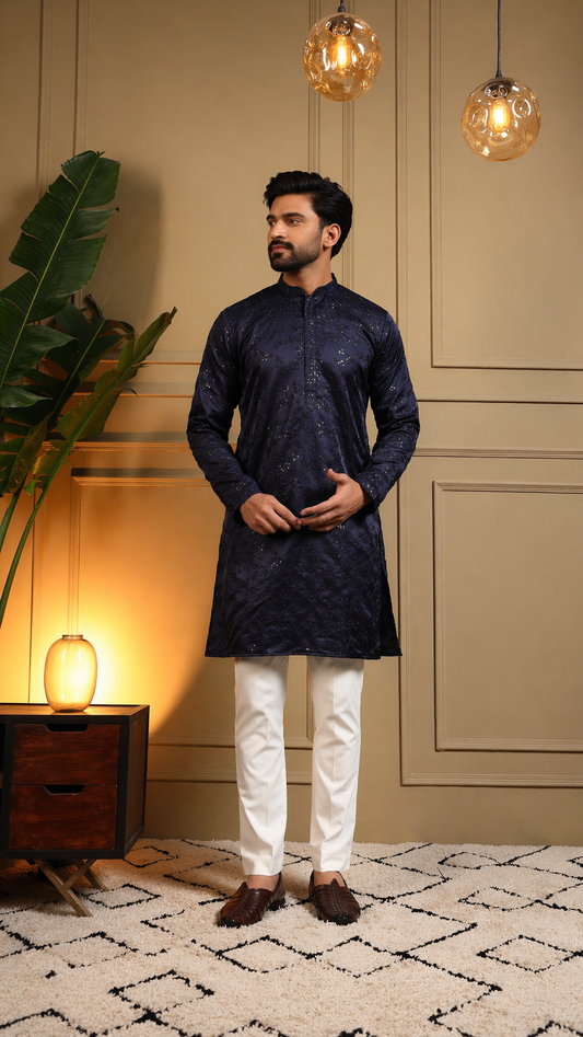 KPD6210 Blue Royal Silk Sequin Kurta Pyjama Set