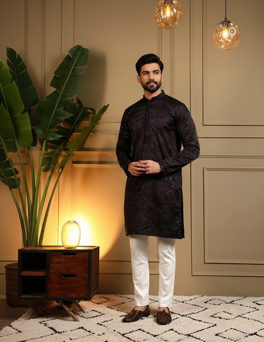 KPD6211 Black Royal Silk Sequin Kurta Pyjama Set