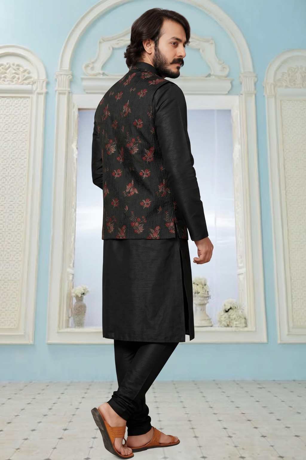 KPD2009 Black Kurta Pyjama Set With Designer Black Jacket (Koti) and Pocket Square