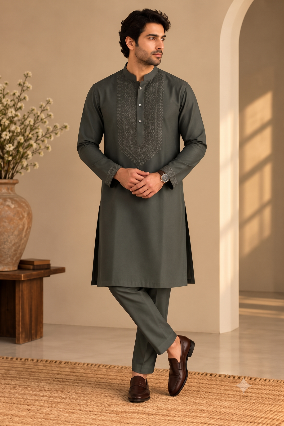 KPD6304 Olive Green Embroidered Designer Kurta Pyjama Set