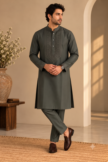 KPD6304 Olive Green Embroidered Designer Kurta Pyjama Set