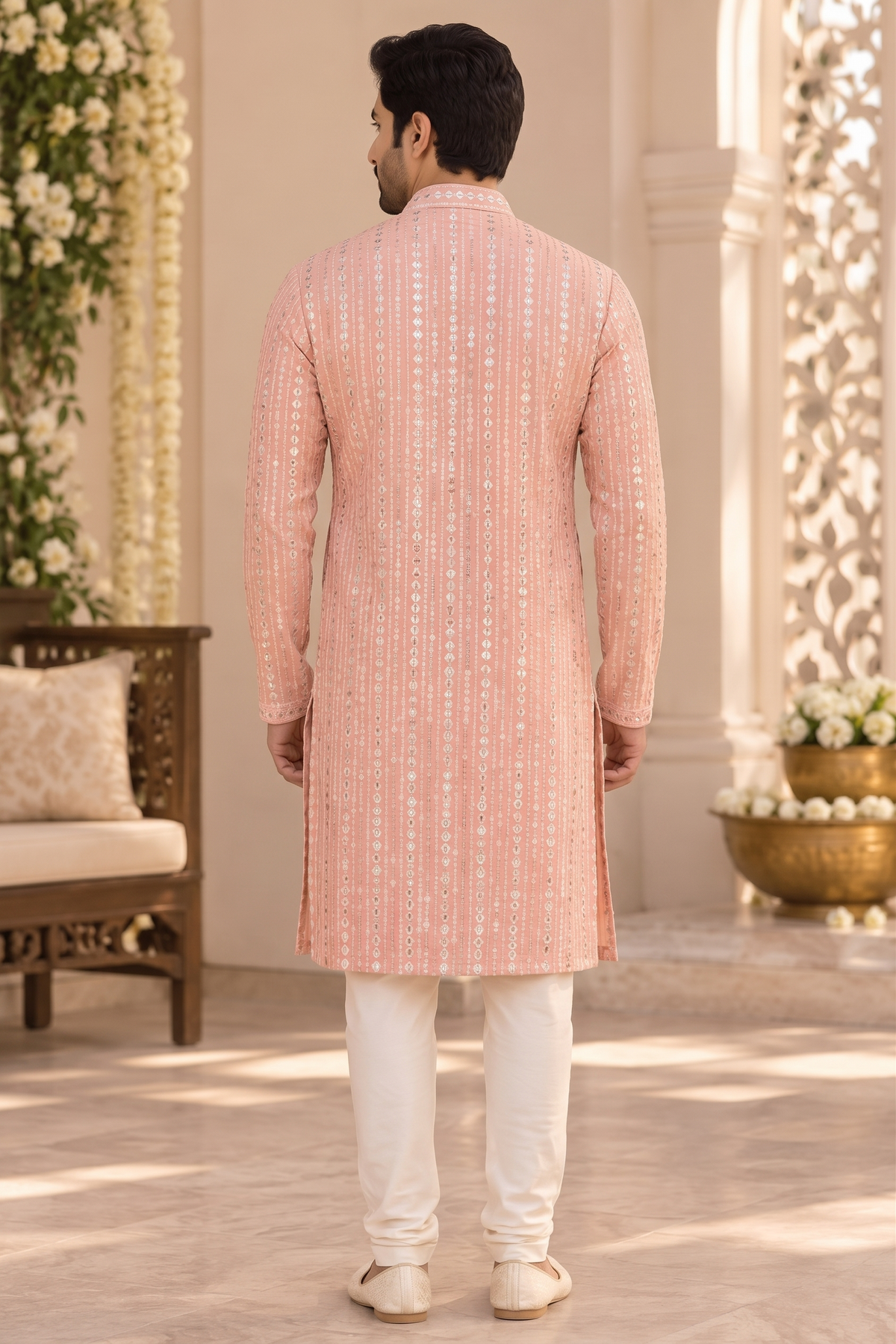 KPD6325 Peach sequins work kurta with White Pyjama