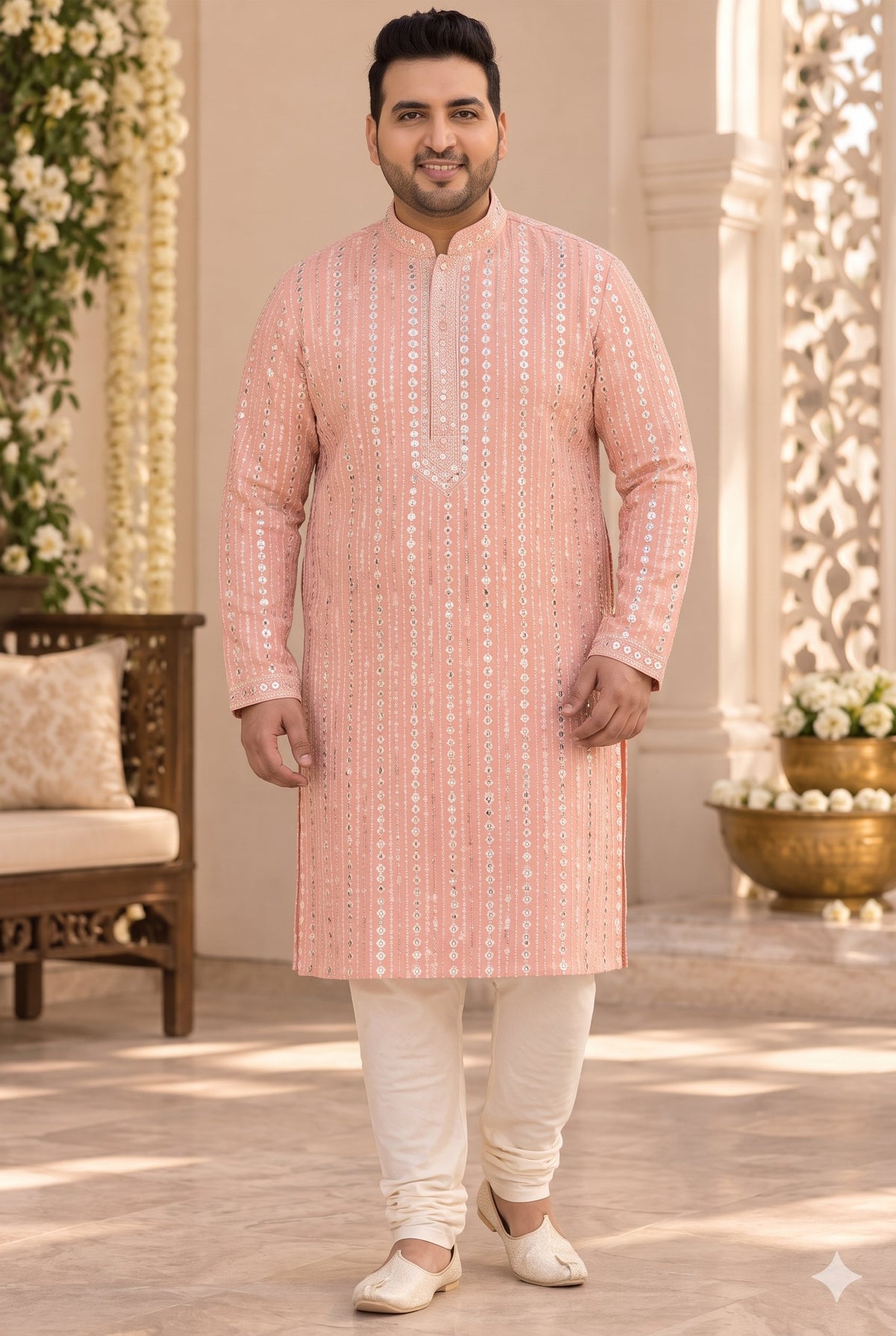 KPD4134 Plus Size Peach sequins work kurta with White Pyjama