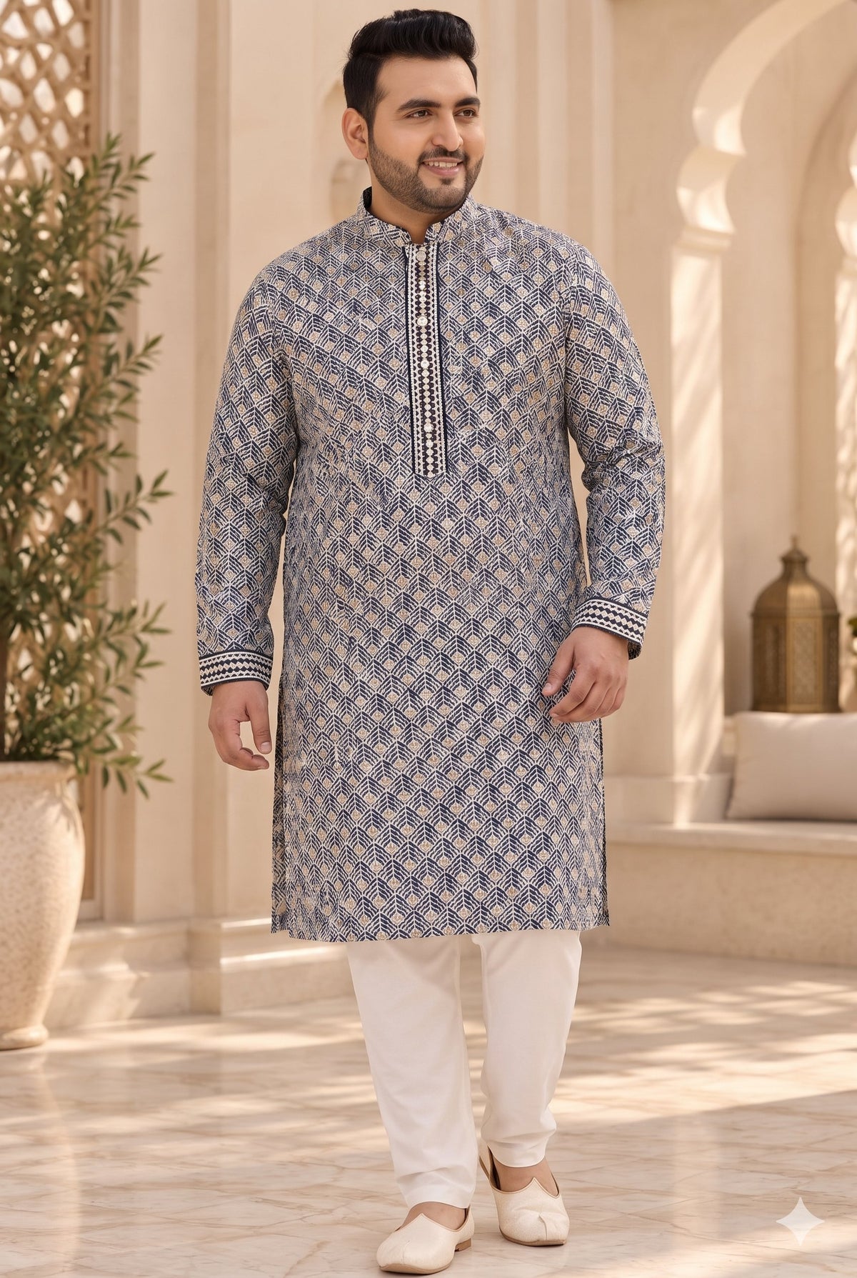 KPD4135 Plus Size Navy blue thread and gold sequins work kurta with White Pyjama