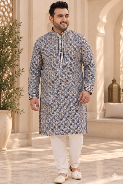 KPD4135 Plus Size Navy blue thread and gold sequins work kurta with White Pyjama