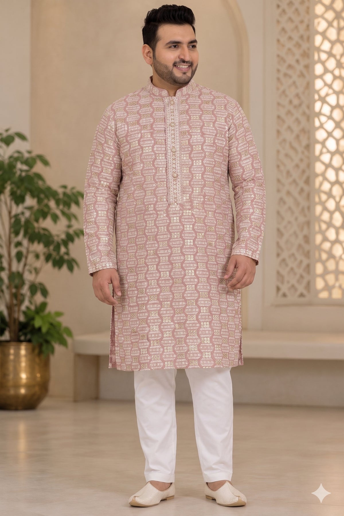 KPD4140 Dusty Rose Pink Embroidered Plus Size Kurta with White Pyjama Set