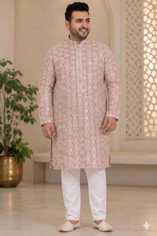 KPD4140 Plus Size Dusty Rose Pink Embroidered Kurta with White Pyjama Set
