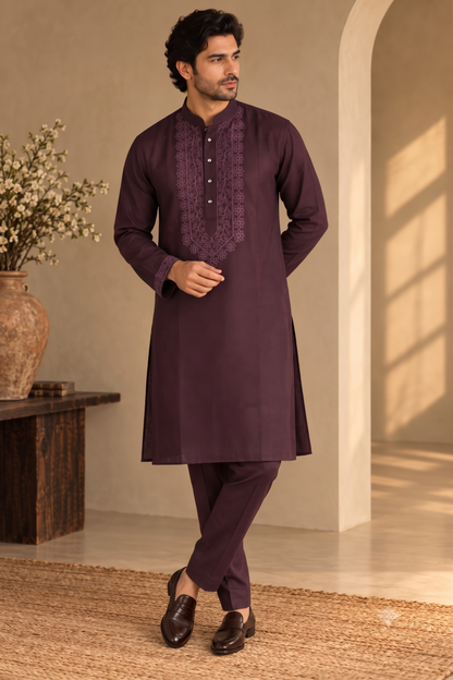 KPD6302 Wine Embroidered Designer Kurta Pyjama Set